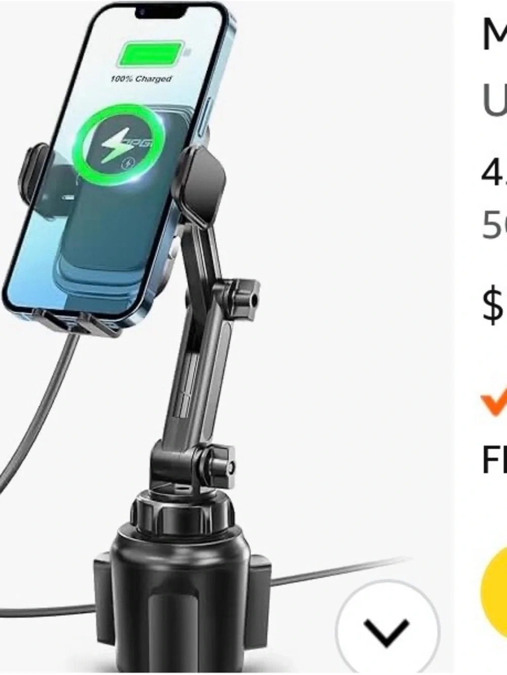 Universal Black Car Cup Phone Mount with Fast Charging Support